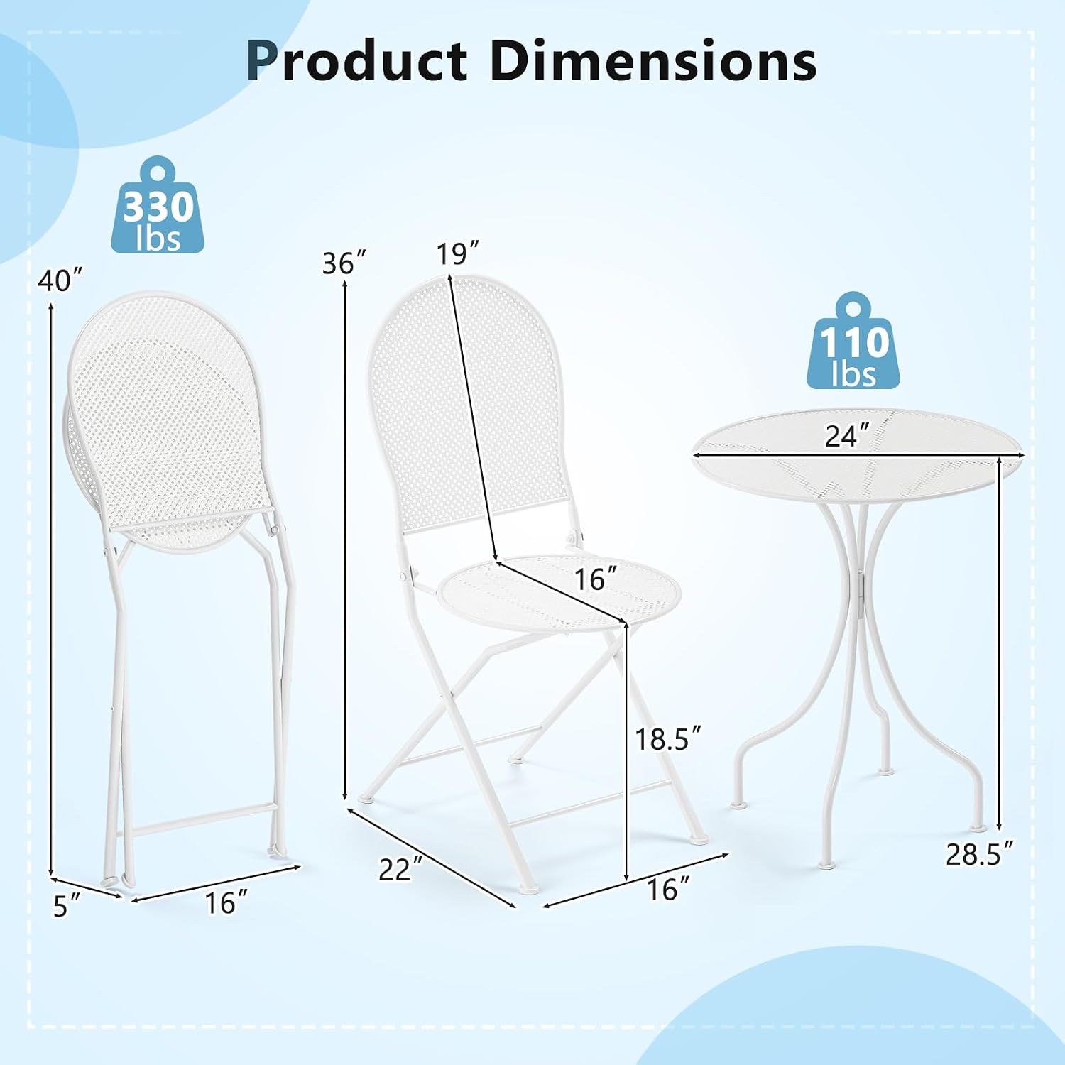 Tangkula 3 Pieces Patio Bistro Set, Metal Table and Folding Chair Set for 2, Outdoor Garden Furniture Set with Round Table & 2 Folding Chairs, Indoor Outdoor Bistro Set for Garden, Yard, Porch (White)