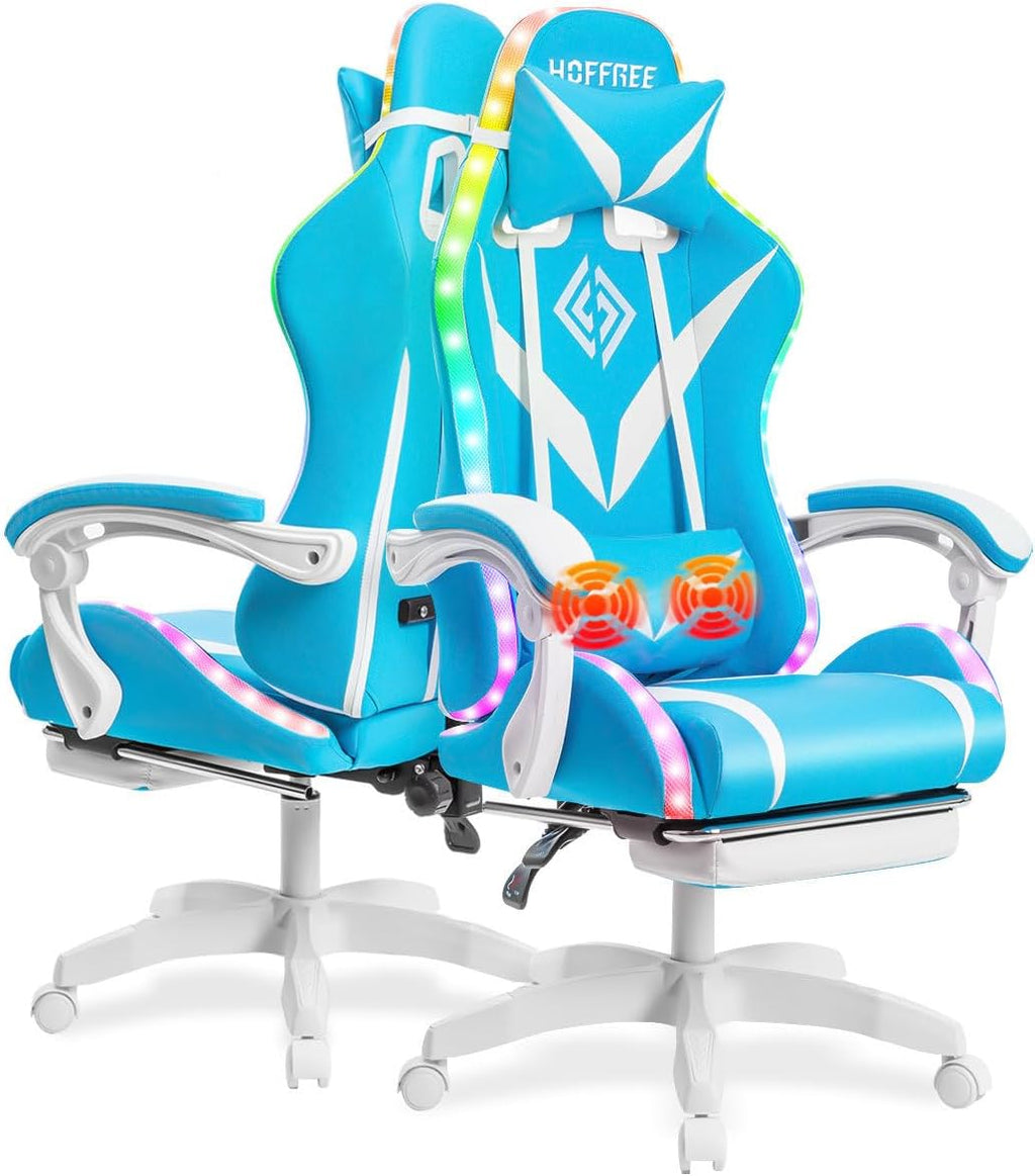 HOFFREE Gaming Chair with LED RGB Lights Massage Ergonomic Video Game Chairs with Footrest High Back Reclining Computer Chair with Adjustable Lumbar Support Blue and White