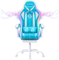 HOFFREE RGB Gaming Chair with Speakers Massage Computer Gaming Chair with LED Lights and Footrest High Back Video Game Chair for Adults Light Blue and White