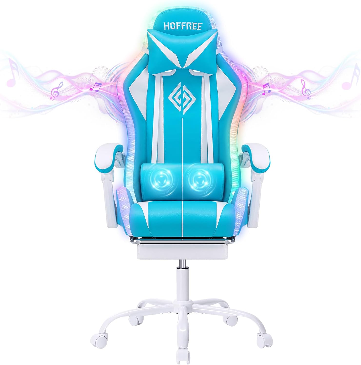 HOFFREE RGB Gaming Chair with Speakers Massage Computer Gaming Chair with LED Lights and Footrest High Back Video Game Chair for Adults Light Blue and White