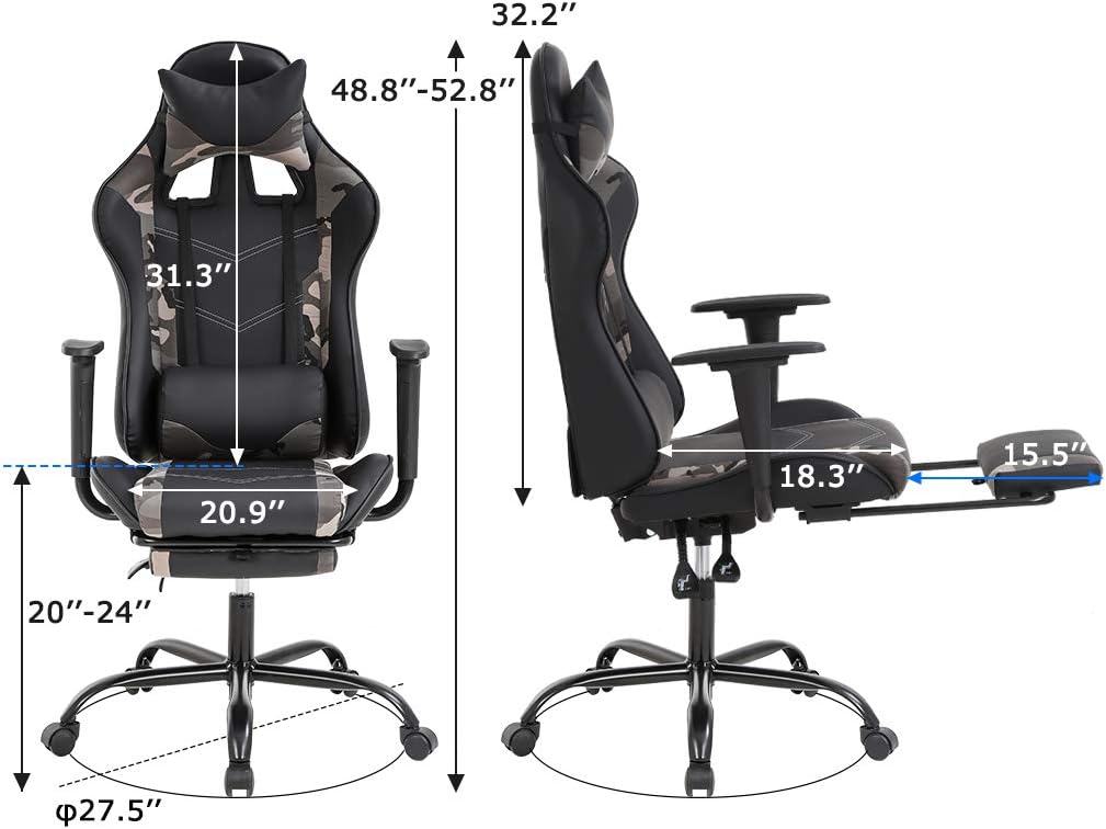 Gaming Chair Racing Office Chair Ergonomic Desk Chair Massage PU Leather Recliner PC Computer Chair with Lumbar Support Headrest Armrest Footrest Rolling Swivel Task Chair for Women Adults, Camo