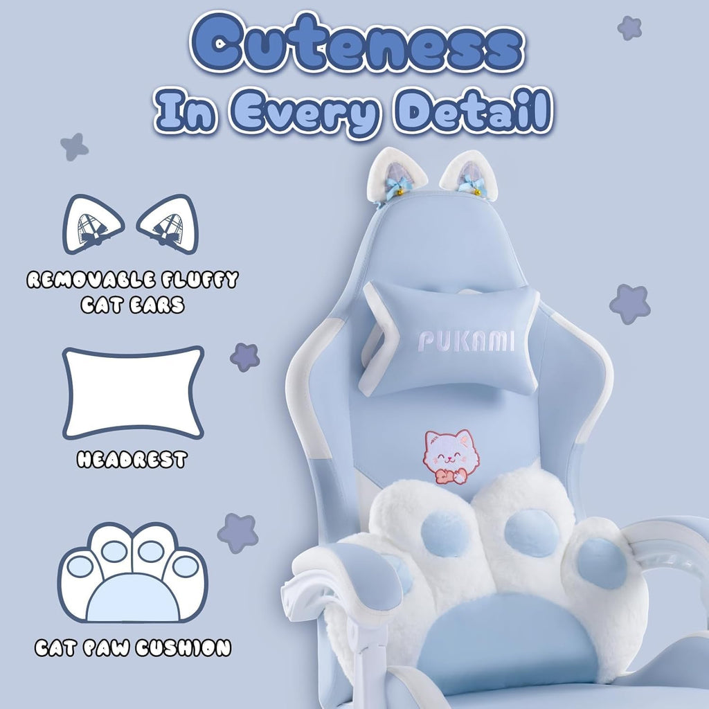 PUKAMI Gaming Chair with Cat Ears,Cute Computer Chair for Girl with Footrest,Ergonomic Gamer Chair, Kawaii Gaming Chair, Game Chair (Blue)