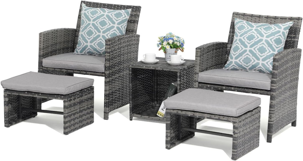OC Orange-Casual 5 Piece Patio Furniture Set, Wicker Outdoor Conversation Chair and Ottoman Set with Coffee Table, Pillows Included, for Balcony, Porch, Deck, Light Grey