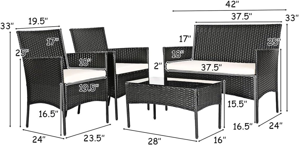 Tangkula 4 Piece Patio Furniture Set, Outdoor Wicker Conversation Set with Tempered Glass Coffee Table, Rattan Loveseat & Chairs Set with Seat Cushions for Backyard, Garden, Poolside (1, Beige)
