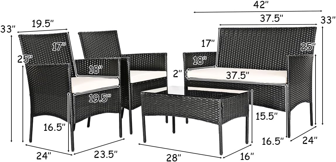 Tangkula 4 Piece Patio Furniture Set, Outdoor Wicker Conversation Set with Tempered Glass Coffee Table, Rattan Loveseat & Chairs Set with Seat Cushions for Backyard, Garden, Poolside (1, Beige)