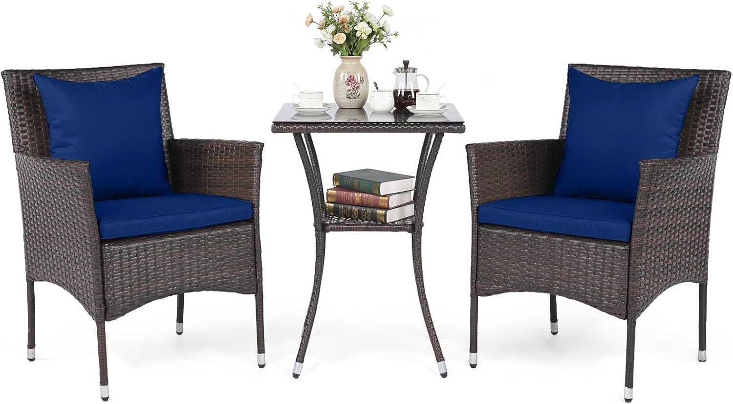 Tangkula 3 Pieces Patio Wicker Bistro Set, 2 Rattan Chairs w/ 2-Tier Tempered Glass Table, Outdoor Conversation Furniture Set with Cushions for Backyard, Porch, Poolside (Mix Brown+Navy)