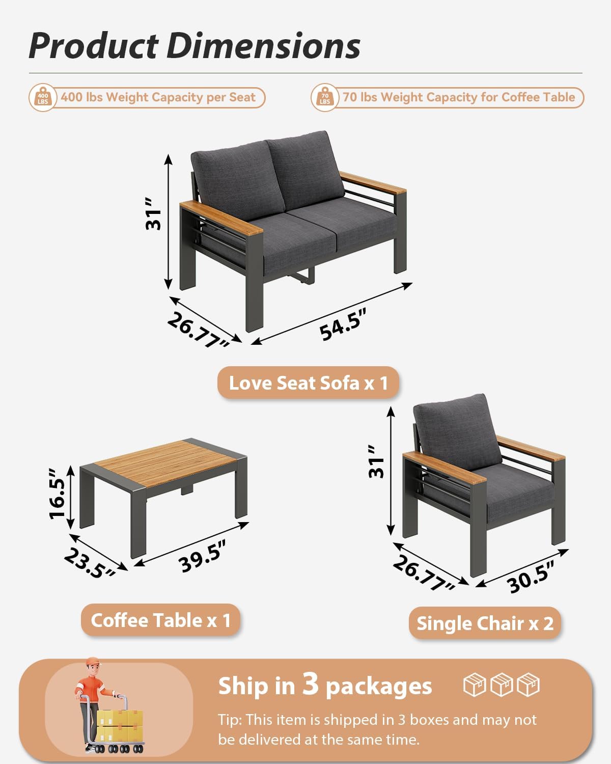 Aoxun Patio Furniture Set, 4 Piece Aluminum Patio Sets with 5' Thicken & Washable Cushion, Waterproof Outdoor Furniture with Coffee Table, Outdoor Couch Sectional for Backyard, Porch and Garden