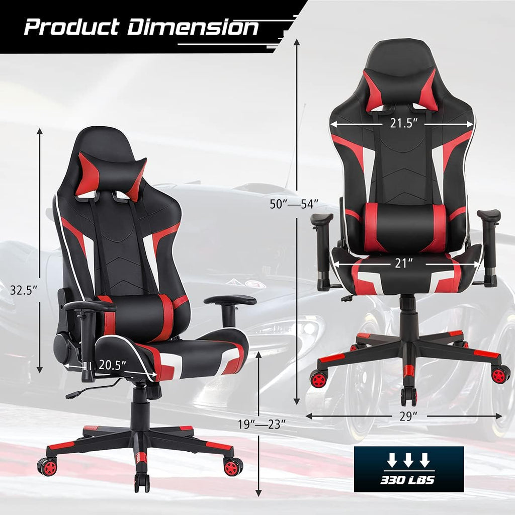 GYMAX Gaming Chair, Massage Gaming Chairs for Adults with Headrest, Lumbar Support & Armrest, Video Computer Reclining Gaming Chair, Office Desk Gamer Task Chair (Red)