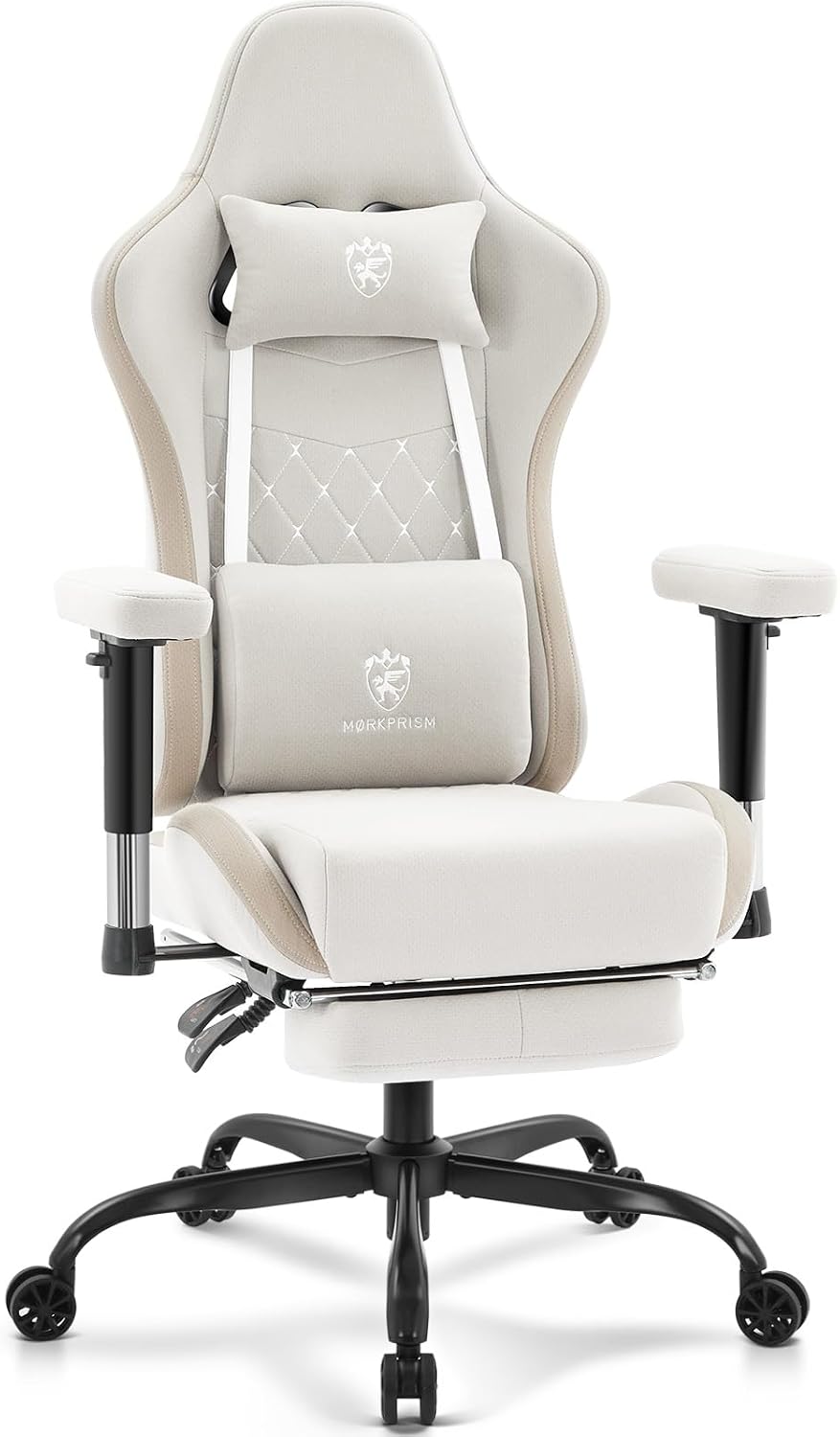Gaming Chair Breathable Fabric,Computer Office Chair with Footrest,Massage Lumbar Support and Gel Pad,Ergonomic Reclining Gamer Chair with Adjustable Armrests and Spring Cushion Beige