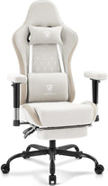 Gaming Chair Breathable Fabric,Computer Office Chair with Footrest,Massage Lumbar Support and Gel Pad,Ergonomic Reclining Gamer Chair with Adjustable Armrests and Spring Cushion Beige