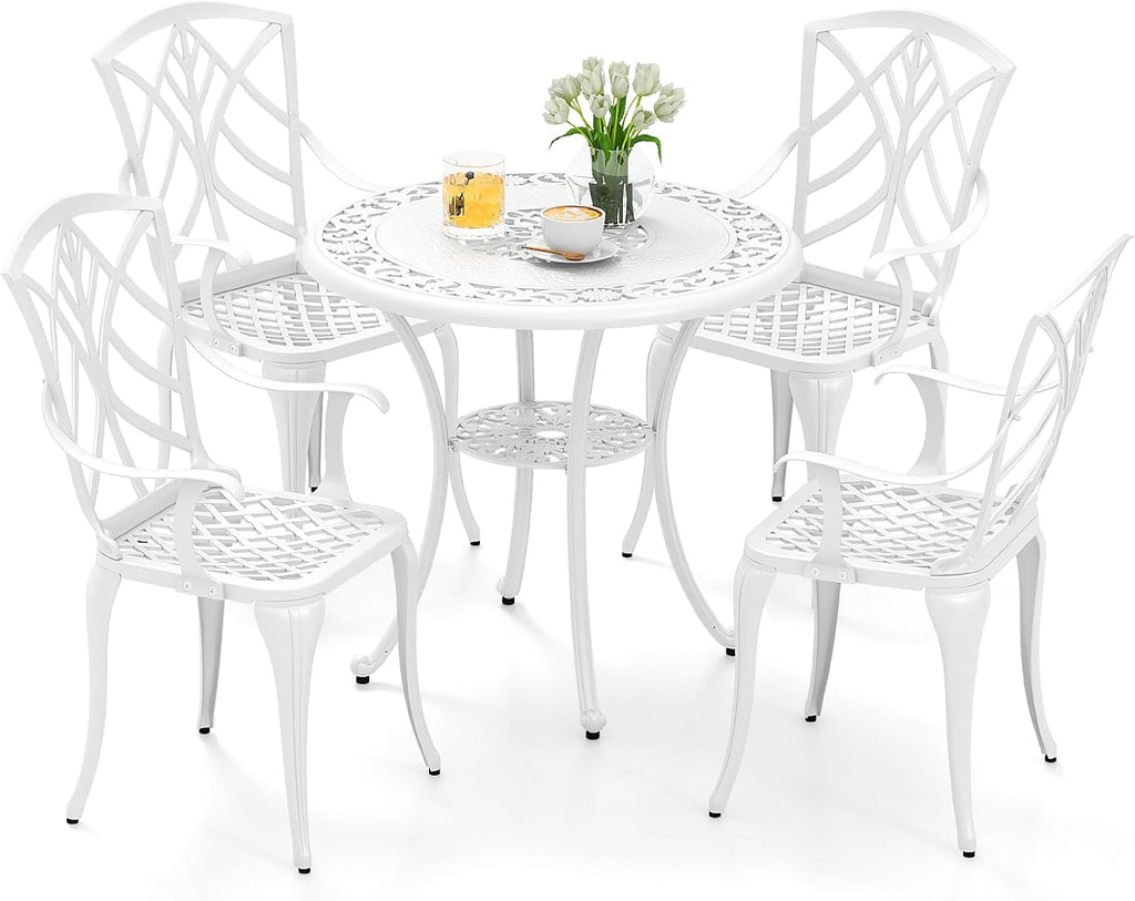 Tangkula 5 Pieces Cast Aluminum Outdoor Dining Set, Round Dining Table with 2' Umbrella Hole & 4 Armchairs, All-Weather Outdoor Furniture Set for Patio, Balcony, Garden & Backyard, White