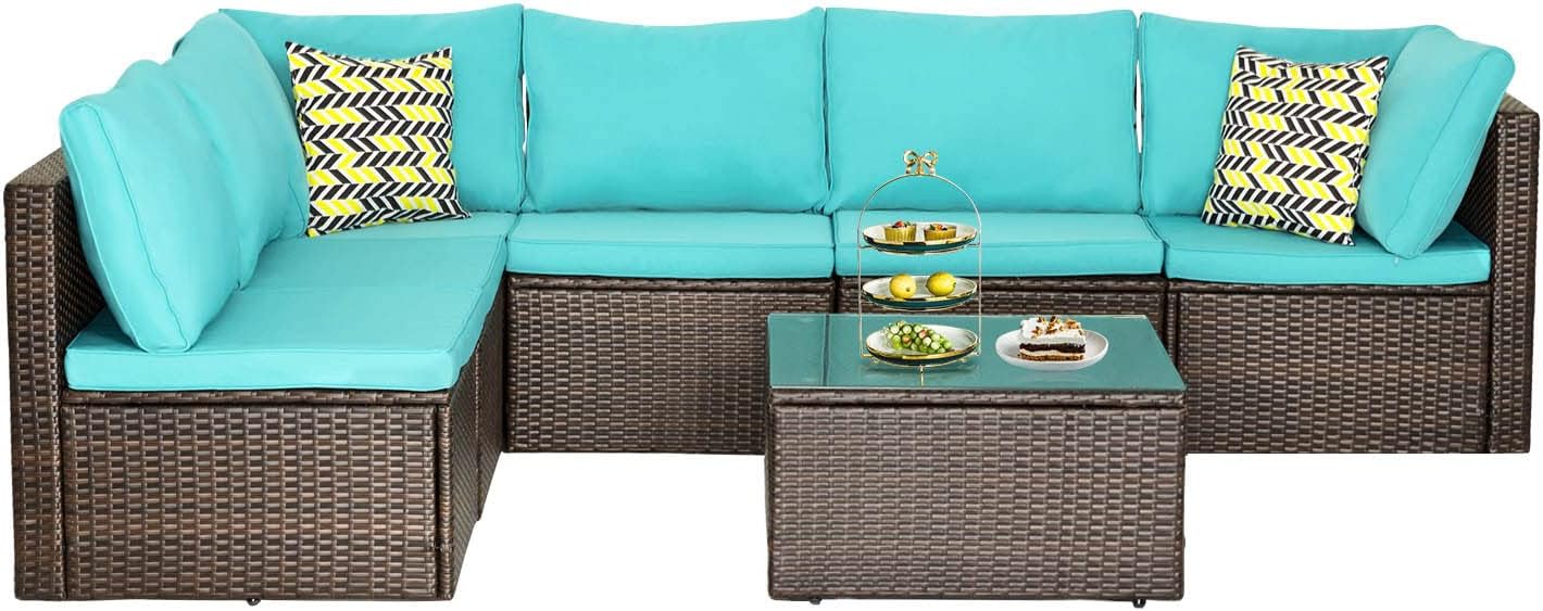 PayLessHere Patio Furniture Set 7 Pieces Outdoor Furniture Wicker Conversation Set Sectional Sofa and Coffee Table Wicker Patio Conversation Sets for Backyard Porch Balcony Poolside,Blue Cushion
