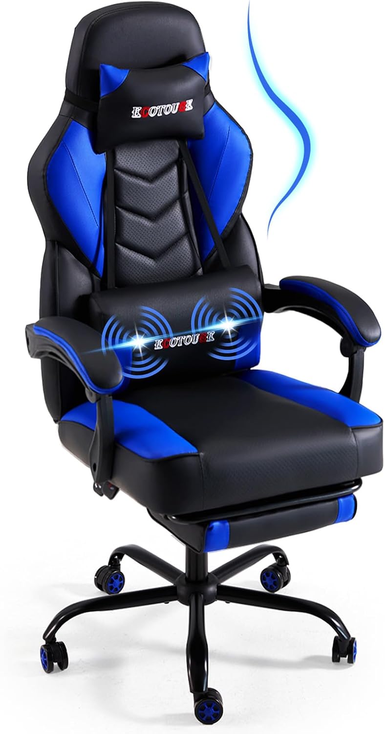 ECOTOUGE Gaming Chair with Footrest, Big and Tall Silla Gamer with Massage Lumbar Support, Ergonomic Gamer Chair with Reclining High Back, 360° Swivel Gaming Computer Chair, Blue