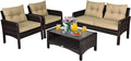 COSTWAY 4-Piece Patio Furniture Set, Sectional Wicker Rattan Sofa Chair with Cushion, Loveseat, Coffee Table with Tempered Glass and Shelf, Outdoor Conversation Sets for Poolside Porch (Brown)