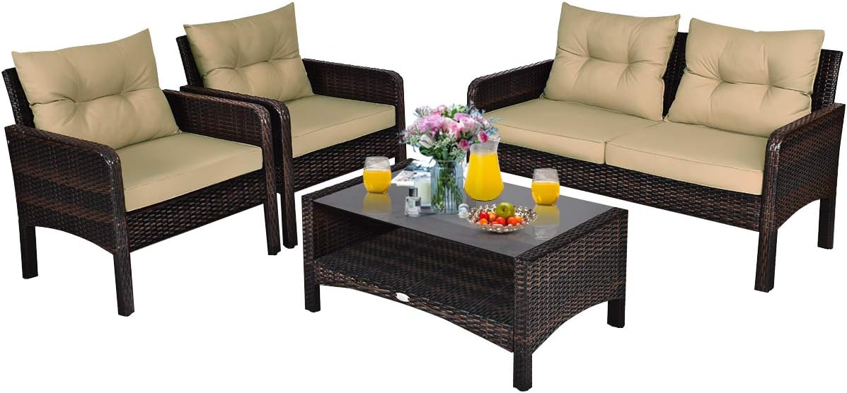 COSTWAY 4-Piece Patio Furniture Set, Sectional Wicker Rattan Sofa Chair with Cushion, Loveseat, Coffee Table with Tempered Glass and Shelf, Outdoor Conversation Sets for Poolside Porch (Brown)