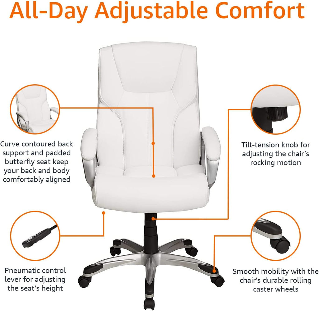 Amazon Basics Executive High Back Office Desk Chair, Adjustable Height, Tilt, Swivel, 275lb Capacity, Bonded Leather, White/Pewter