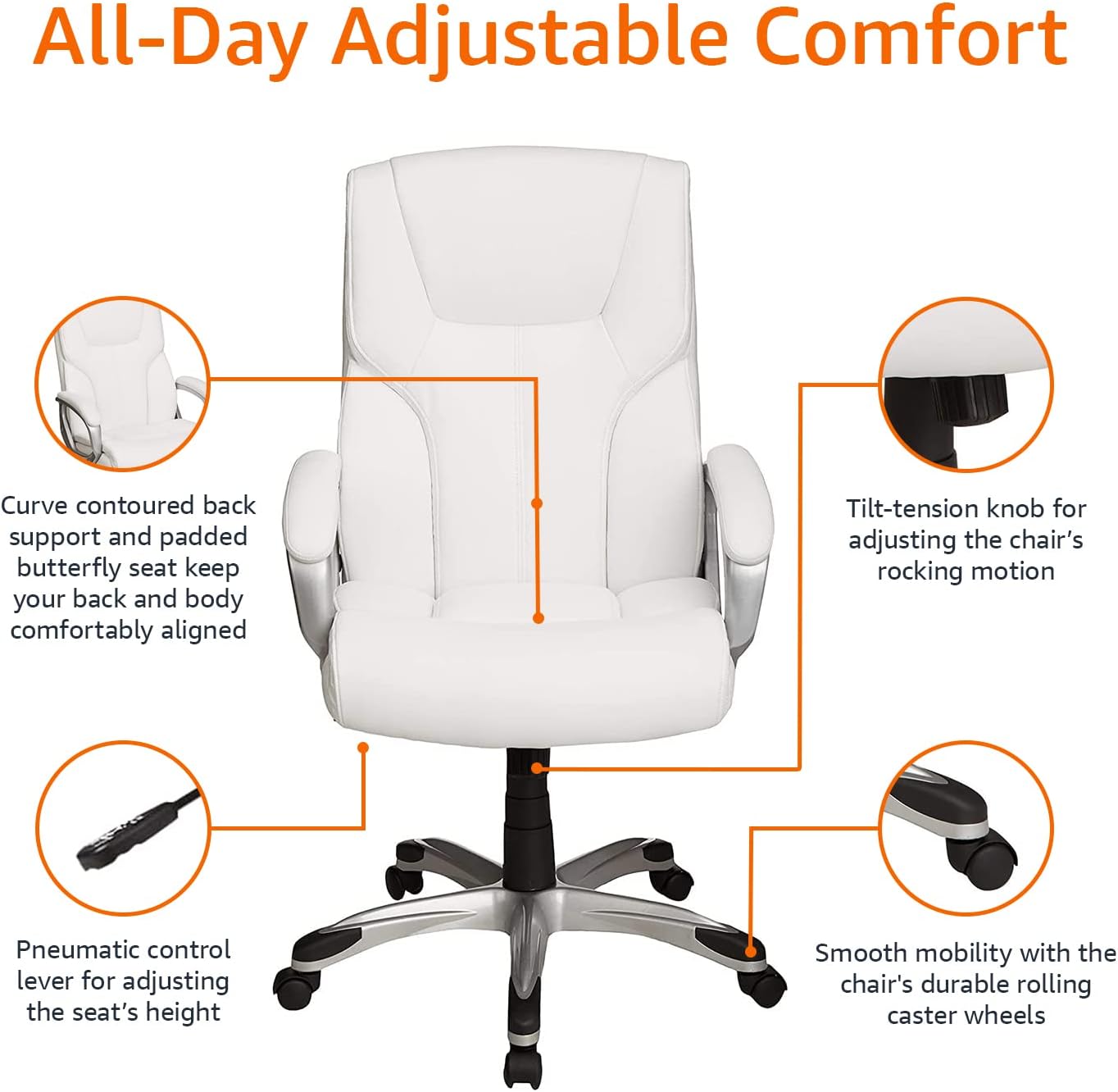 Amazon Basics Executive High Back Office Desk Chair, Adjustable Height, Tilt, Swivel, 275lb Capacity, Bonded Leather, White/Pewter