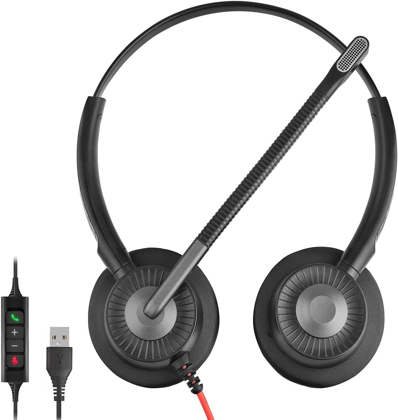 ENCASED (Bulk 500-Count) Wired PC/Laptop Headset, Noise-Cancelling Mic, USB-A, in-Line Controls, for Meetings, Gaming, Music - Black/Red