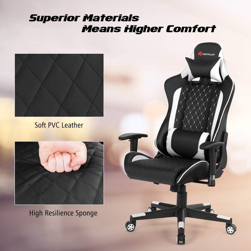 Goplus Massage Gaming Chair, Reclining Backrest Handrails and Seat Height Adjustment Racing Computer Office Chair, Ergonomic High Back Embroidered PU Swivel Game Chair with Headrest and Lumbar Cushion