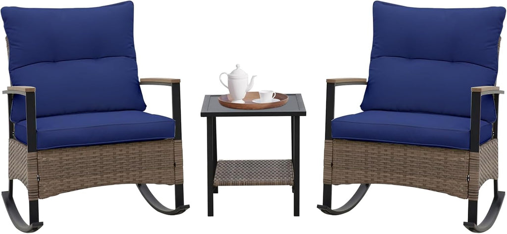 COOS BAY Sunset Haven 3 Piece Outdoor Patio Furniture Set, Rocking Chairs with Side Table, Wicker Patio Bistro Set, Brown/Blue