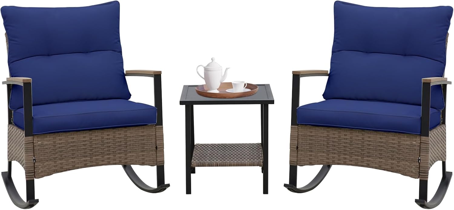 COOS BAY Sunset Haven 3 Piece Outdoor Patio Furniture Set, Rocking Chairs with Side Table, Wicker Patio Bistro Set, Brown/Blue