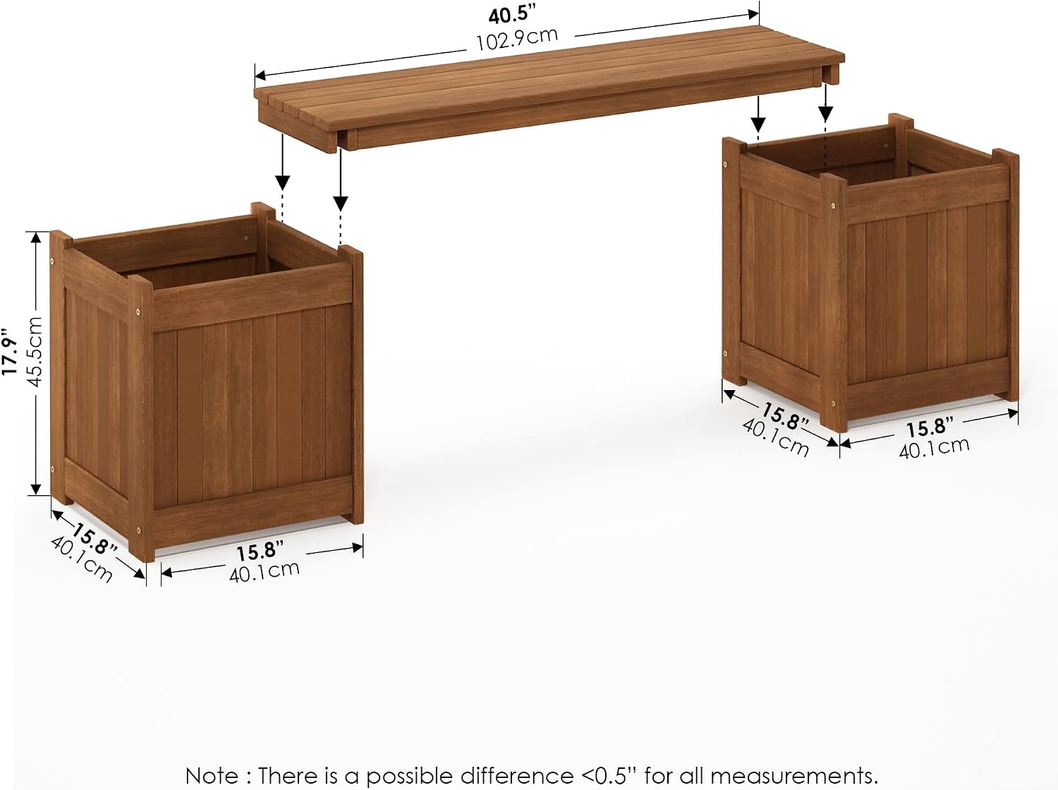 Furinno TIOMAN Planter Box with Bench, Hardwood Flower Box with Seat, Cube Garden Box, in Teak Oil, Outdoor Indoor, Garden, Patio, Balcony, Light Wood
