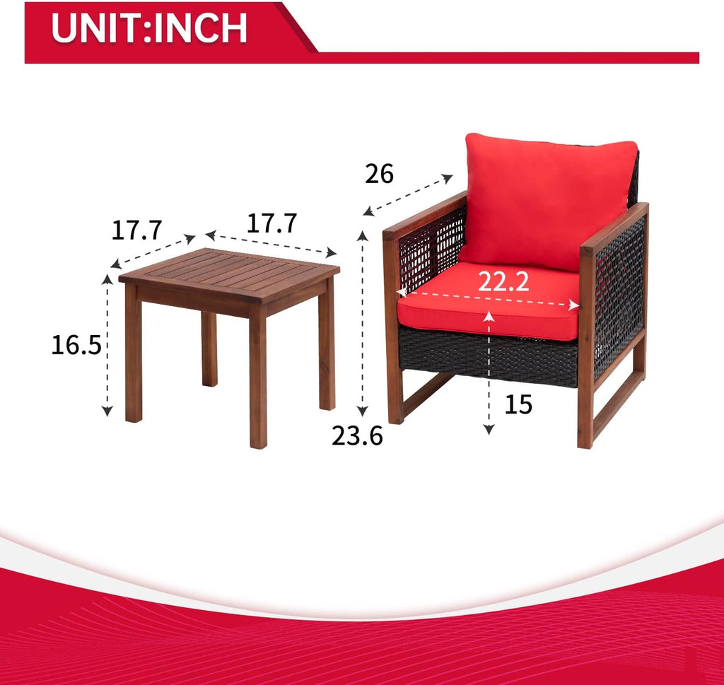 FDW Patio Bistro Set 3-Piece Acacia Wood Outdoor Chat Conversation Table Chair Set Outdoor Wood Chat Set with Water Resistant Cushions and Coffee Table for Beach Backyard Garden,Red Cushion