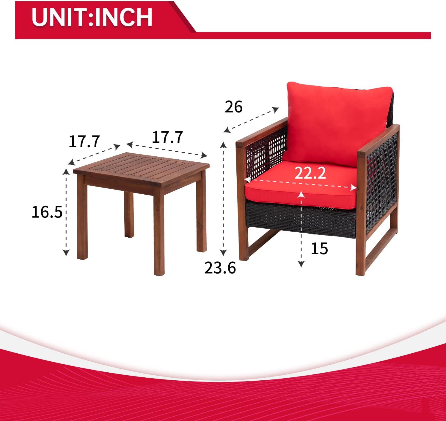 FDW Patio Bistro Set 3-Piece Acacia Wood Outdoor Chat Conversation Table Chair Set Outdoor Wood Chat Set with Water Resistant Cushions and Coffee Table for Beach Backyard Garden,Red Cushion