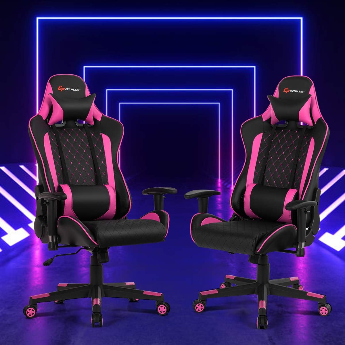 Goplus Massage Gaming Chair, Reclining Backrest Handrails and Seat Height Adjustment Racing Computer Office Chair, Ergonomic High Back Embroidered PU Swivel Game Chair with Headrest and Lumbar Cushion