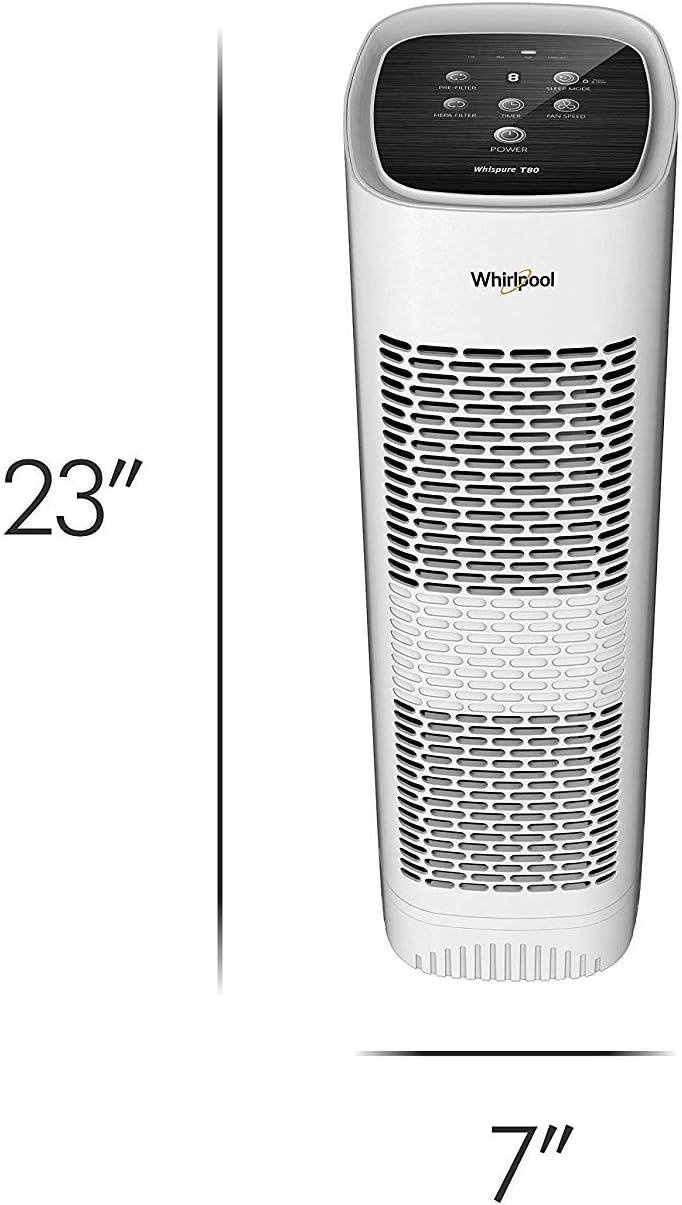 Whirlpool WPT80P Whispure True Hepa Air Purifier, Activated Carbon Advanced Anti-Bacteria, Ideal for Wildfire, Allergies, Odors, Pet Dander, Mold, Smoke and Germs, Large, White