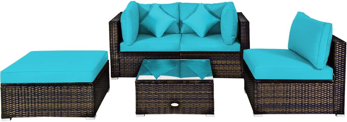 Tangkula 5 Pieces Patio Rattan Furniture Set, Outdoor Sectional Rattan Sofa Set with Back & Seat Cushions, Wicker Conversation Set with Tempered Glass Table for Backyard Porch Poolside (Turquoise)