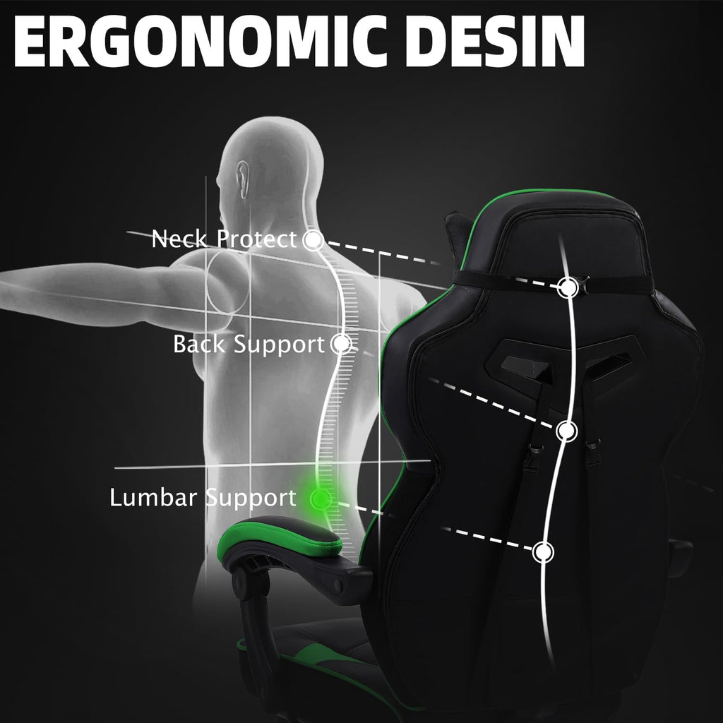 Vonesse Gaming Chair, High Back Gaming Chair with Footrest and Massage, Gaming Chairs for Adults with Pocket Spring Cushion, Big and Tall Reclining Computer Chair with Lumbar Support (Green/Black)
