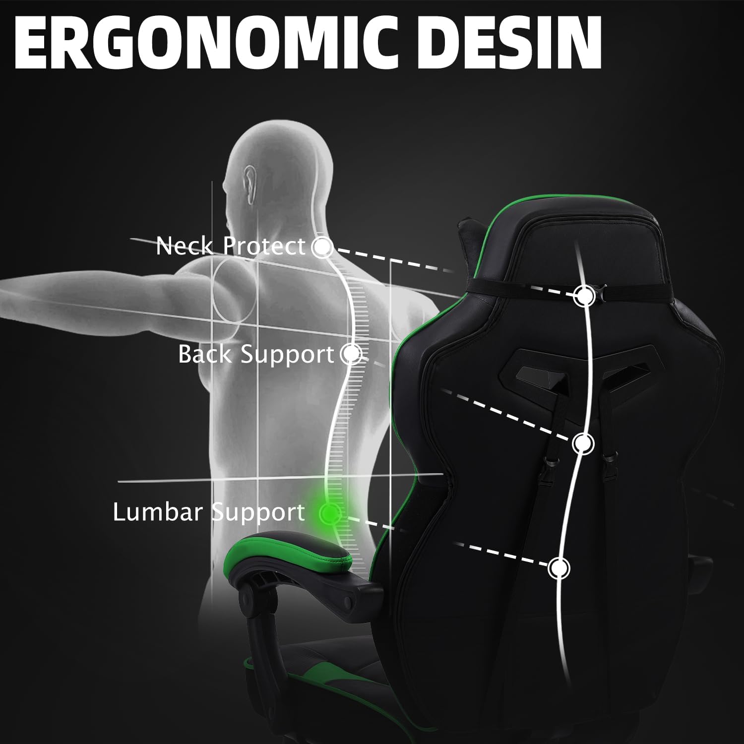 Vonesse Gaming Chair, High Back Gaming Chair with Footrest and Massage, Gaming Chairs for Adults with Pocket Spring Cushion, Big and Tall Reclining Computer Chair with Lumbar Support (Green/Black)