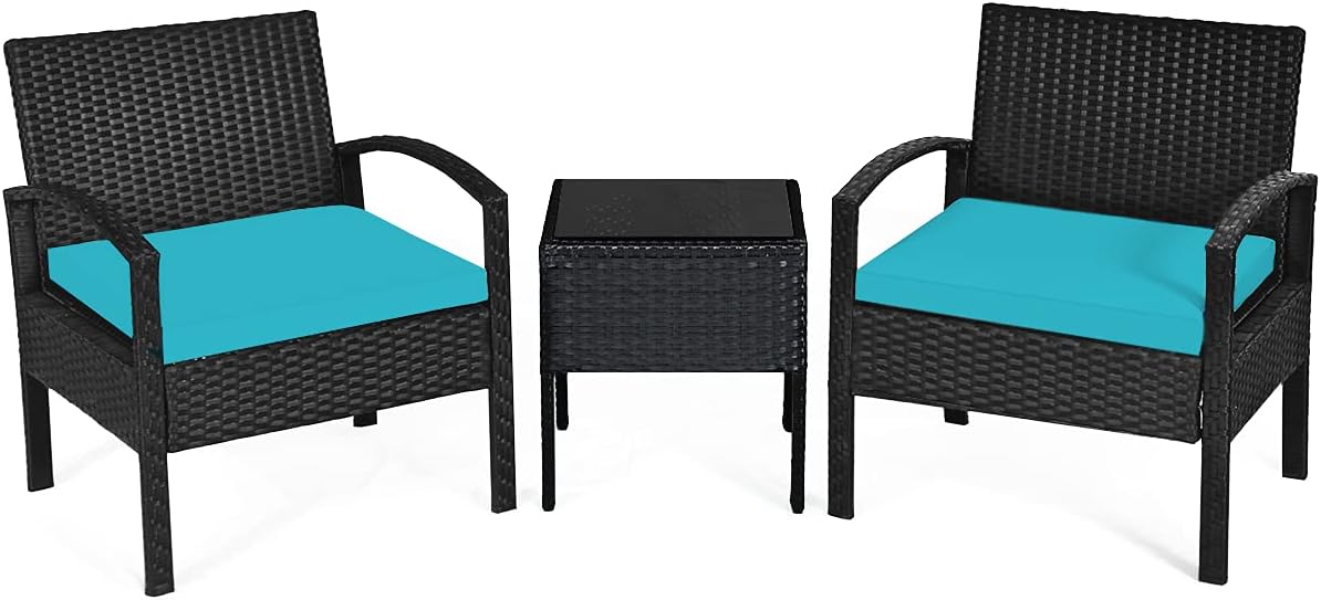 Tangkula 3 Piece Patio Conversation Set, Outdoor Rattan Sofa Set with Seat Cushions & Coffee Table, Patio Wicker Furniture Set for Garden Balcony Backyard Poolside (Turquoise)