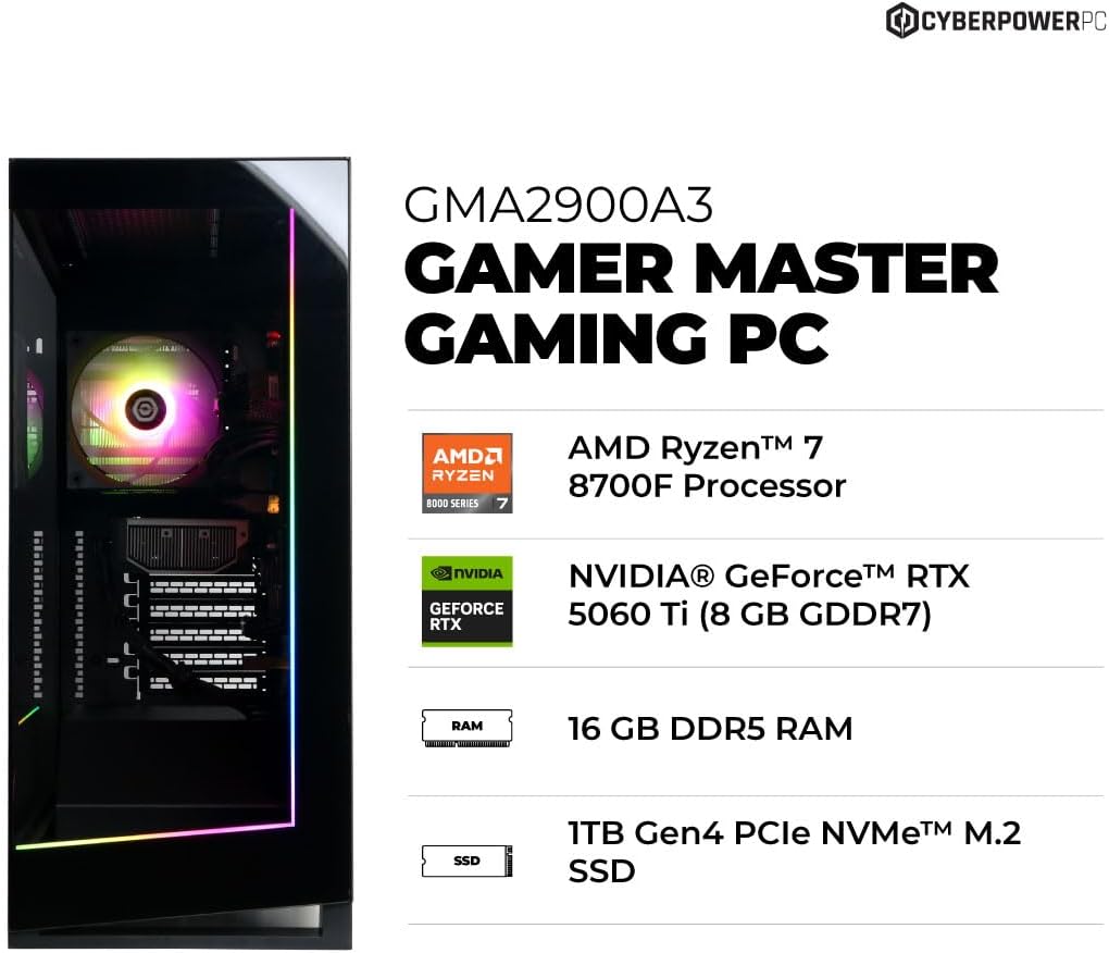 CyberPowerPC Gamer Master Gaming PC, AMD Ryzen 7 8700F 4.1GHz, GeForce RTX 5060 Ti 8GB, 16GB DDR5, 1TB PCIe 4.0 SSD, WiFi Ready & Windows 11 Home (GMA2900A3)