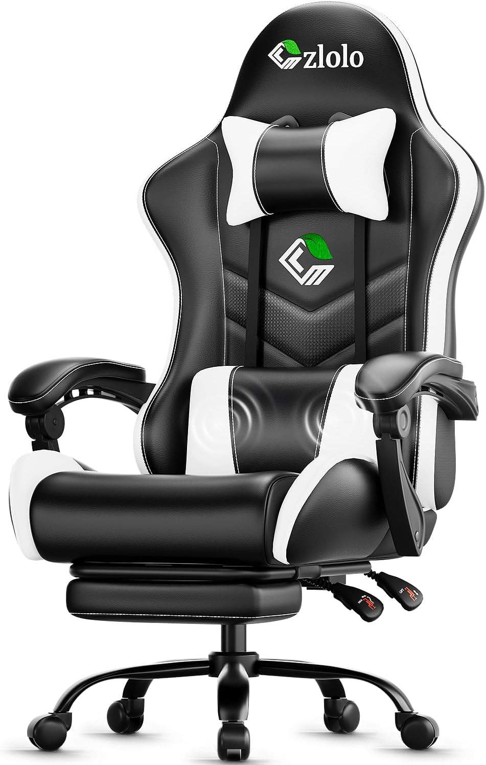 Czlolo Gaming Chair, Ergonomic Office Computer Chair with Footrest and Lumbar Support Massager Racing Style High Back Video Gamer Chair, Wide＆Thick Cushion, 90°-135° Recline, Adjustable Height, White