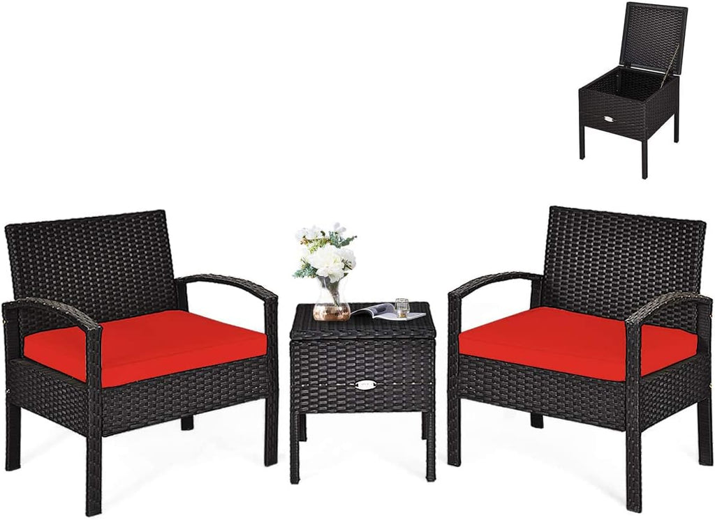 HAPPYGRILL 3 Piece Patio Conversation Set Rattan Wicker Sofa Set with Removable Cushions and Coffee Table, Outdoor Furniture Bistro Chairs Set with Storage Table for Garden Poolside Balcony