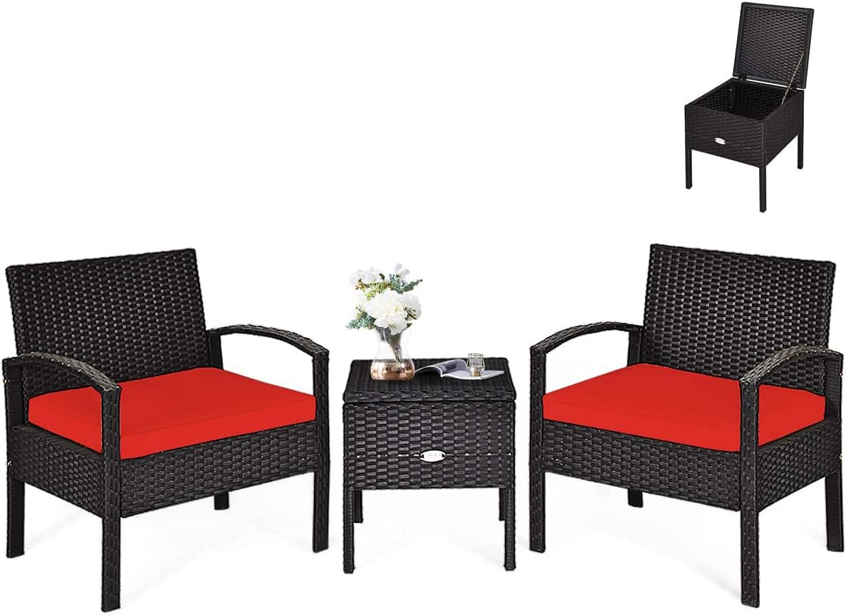 HAPPYGRILL 3 Piece Patio Conversation Set Rattan Wicker Sofa Set with Removable Cushions and Coffee Table, Outdoor Furniture Bistro Chairs Set with Storage Table for Garden Poolside Balcony