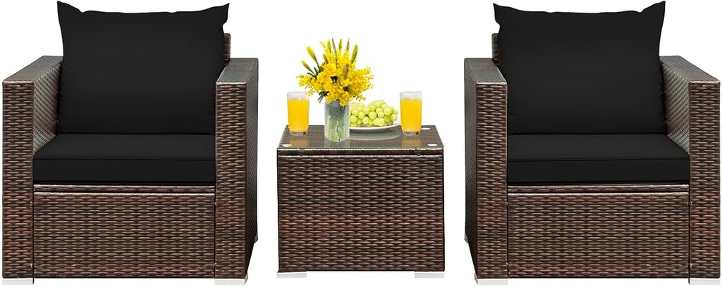 HAPPYGRILL 3PCS Patio Furniture Set Rattan Wicker Sofa Set with Cushions and Coffee Table Outdoor Patio Conversation Set for Garden Poolside Balcony