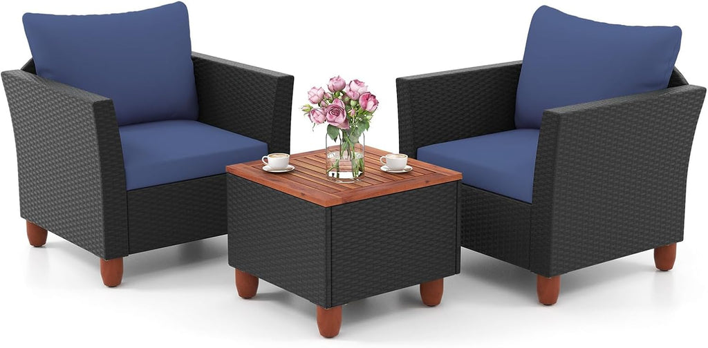 ORALNER 3 Pieces Patio Furniture Set, Outdoor Wicker Conversation Chairs with Cushion, Acacia Coffee Table, Rattan Bistro Set for Balcony Garden Backyard Front Porch Poolside (Blue)
