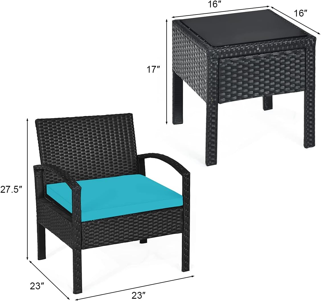 Tangkula 3 Piece Patio Conversation Set, Outdoor Rattan Sofa Set with Seat Cushions & Coffee Table, Patio Wicker Furniture Set for Garden Balcony Backyard Poolside (Turquoise)