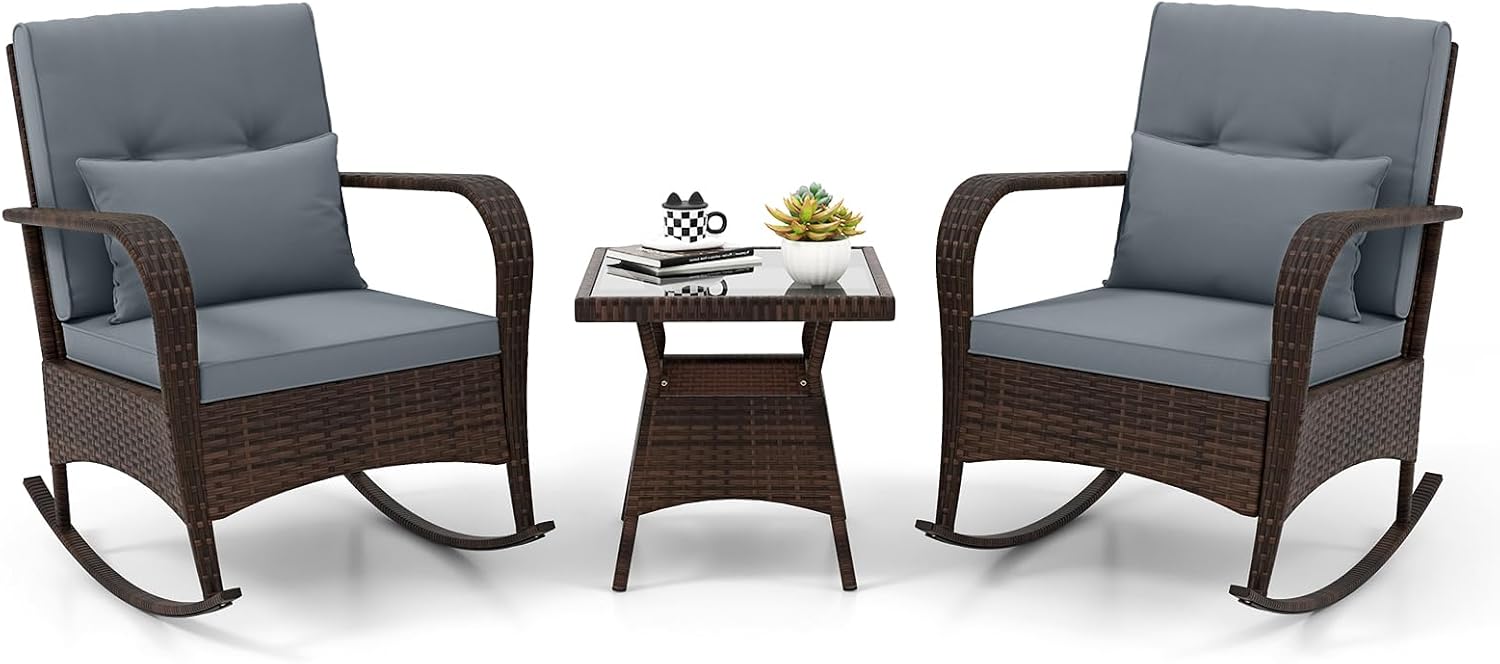 ORALNER 3 Pieces Patio Furniture Set, Outdoor Wicker Rocking Chairs with Cushions, Pillows, Glass Coffee Table, Rattan Bistro Rocker Set for Balcony Front Porch Poolside Garden Deck Yard (Grey)