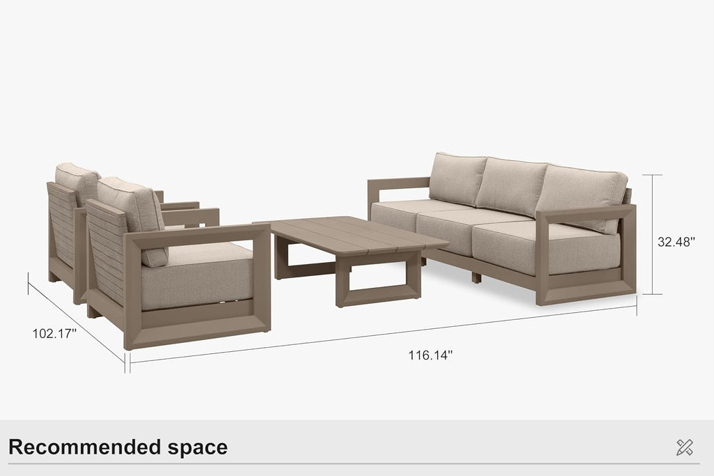 PURPLE LEAF Patio Furniture Set Open-End Outdoor Couch with 9.6' Thick Cushion and Soft Pillows 6 Piece Outdoor Sectional Sofas with Table Modern Outdoor Conversation Sets for Yard Porch Deck, Khaki