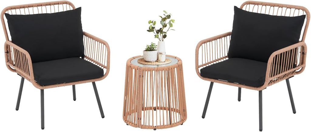 Verano Garden 3 Pieces Patio Bistro Sets, Outdoor Wicker Balcony Furniture Sets,Patio Rattan Furniture Set with Round Glass Table for Porch,Lawn,Garden,Backyard (Black, 3 PCS Set)