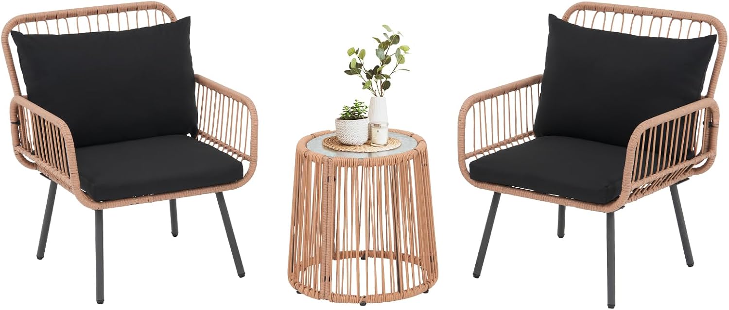 Verano Garden 3 Pieces Patio Bistro Sets, Outdoor Wicker Balcony Furniture Sets,Patio Rattan Furniture Set with Round Glass Table for Porch,Lawn,Garden,Backyard (Black, 3 PCS Set)