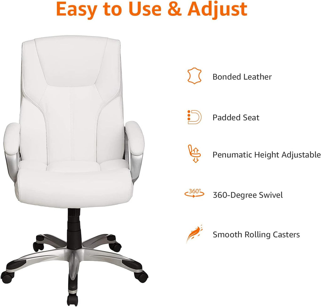 Amazon Basics Executive High Back Office Desk Chair, Adjustable Height, Tilt, Swivel, 275lb Capacity, Bonded Leather, White/Pewter
