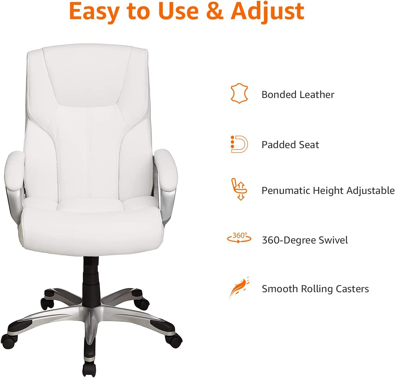 Amazon Basics Executive High Back Office Desk Chair, Adjustable Height, Tilt, Swivel, 275lb Capacity, Bonded Leather, White/Pewter