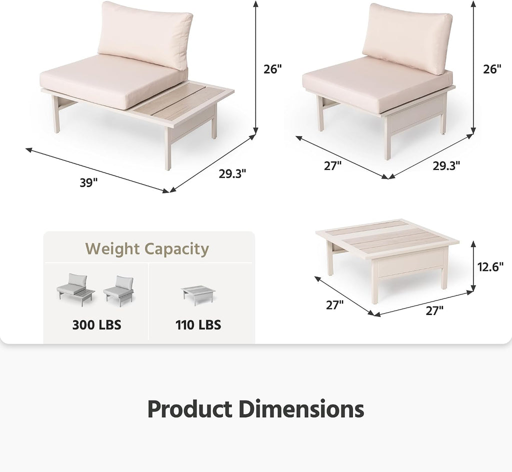 LAUSAINT HOME 6 Pieces Patio Furniture Set, Outdoor Metal Frame Patio Conversation Sets with Coffee Table & Thick Cushions for Garden, Poolside, Backyard(Beige)
