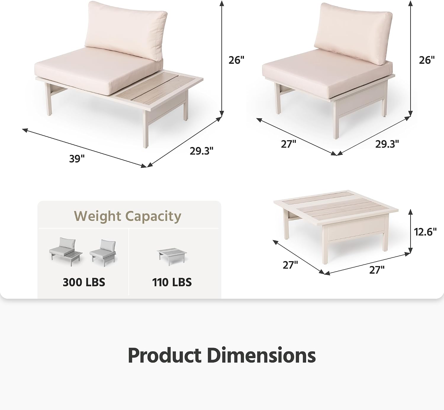 LAUSAINT HOME 6 Pieces Patio Furniture Set, Outdoor Metal Frame Patio Conversation Sets with Coffee Table & Thick Cushions for Garden, Poolside, Backyard(Beige)