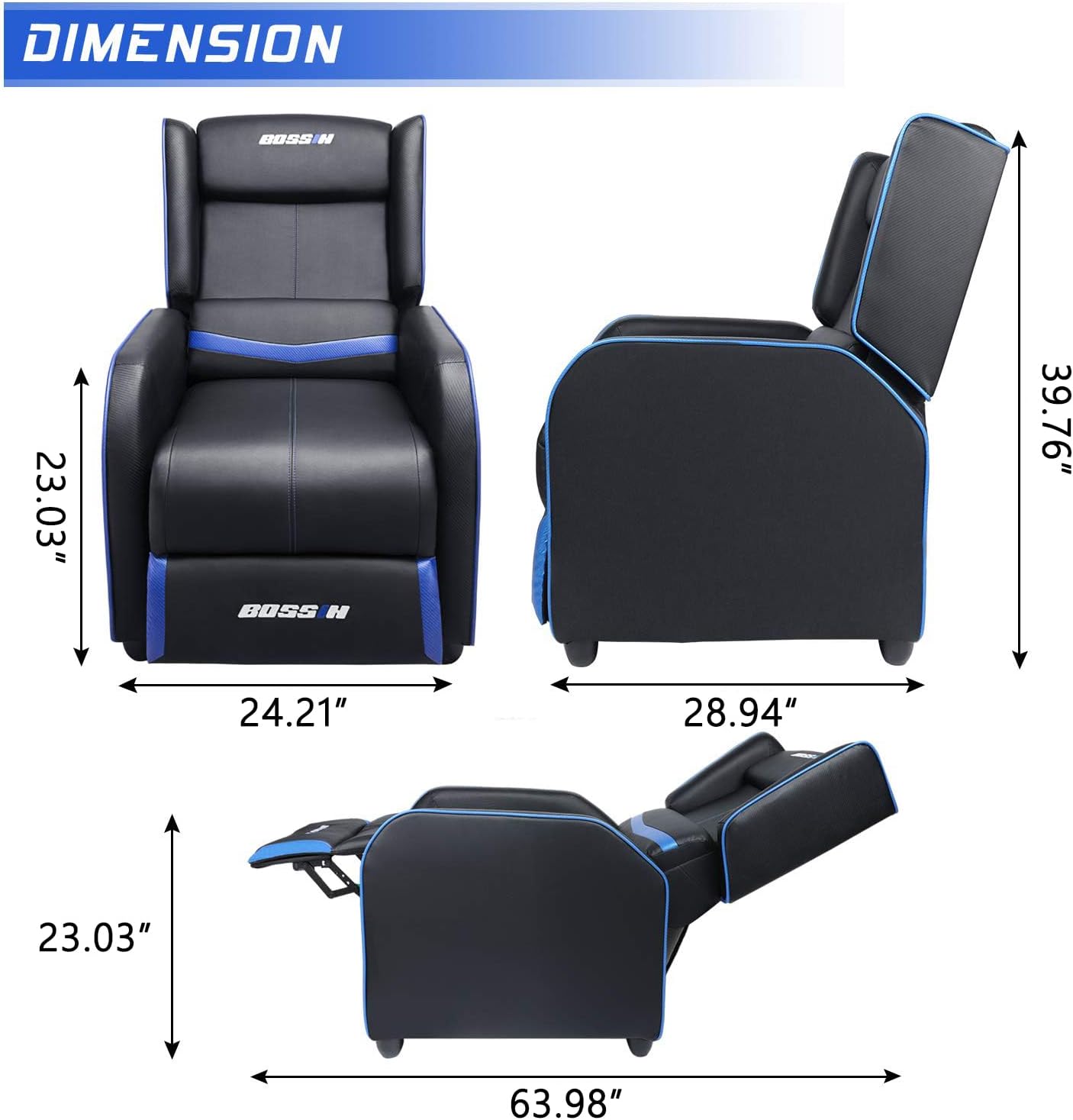 BOSSIN Gaming Recliner Chair for Adults 400lbs Racing Style Sofa Big and Tall PU Leather Recliner Seating, Modern Ergonomic Lounge Comfortable Home Movie Theater for Living Room(Blue)
